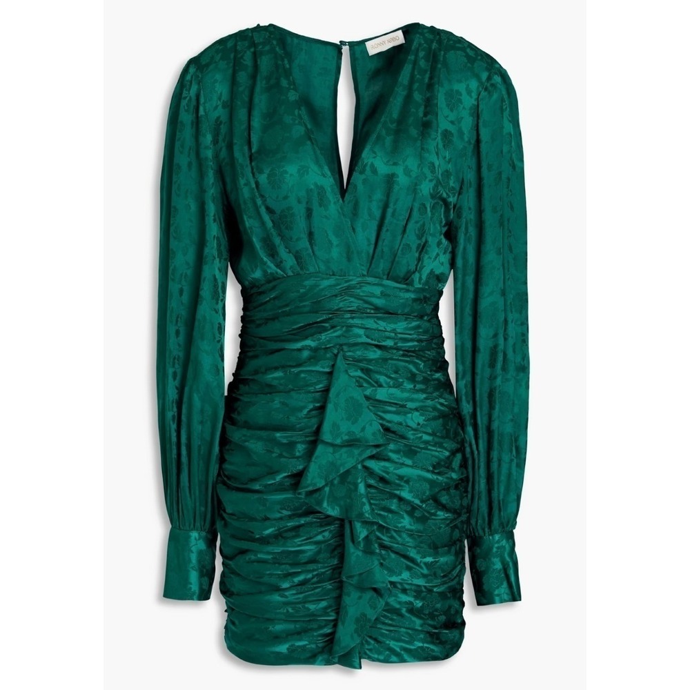 Ronny Kobo Carissa Dress Small Green Silk Blend Ruched Floral Jacquard Cocktail